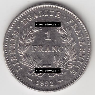Münze Frankreich 1992-1992, 1 Francs Liberty Freiheitsgöttin. Vorderseite der alten französischen Umlaufmünze aus Frankreich in der Francs-Währung zum katalogisieren... Sammlung