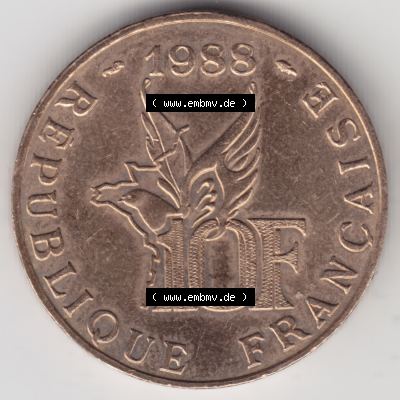 Münze Frankreich 1988-1988, 10 Francs Roland Garros, Bild mit Rückseite der Münze zum Download Sammlung