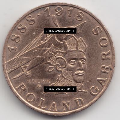 Münze Frankreich 1988-1988, 10 Francs Roland Garros. Vorderseite der alten französischen Umlaufmünze aus Frankreich in der Francs-Währung zum katalogisieren und verwalten... Sammlung