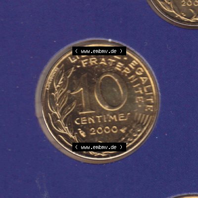 Münze Frankreich 2000, 10 Centimes. Vorderseite der alten französischen Umlaufmünze 10 Cmes - Centimes - Cent aus Frankreich in der Francs-Währung zum katalogisieren und... Sammlung