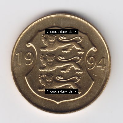 Münzen Estland Umlaufmünze 1994, 5 Krooni. Rückseite der alten estländische Umlaufmünze aus Estland zum katalogisieren und verwalten im Münzen-Katalog Estland... Sammlung