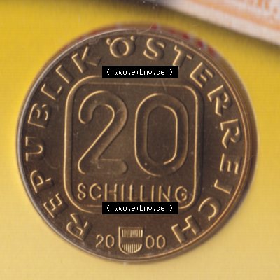 Münzen Österreich Gedenkmünze aus Münzsatz 2000, 20 Schilling 150 Jahre Briefmarken, Bild mit Vorderseite der Münze aus Österreich als Bildmaterial, für... Sammlung