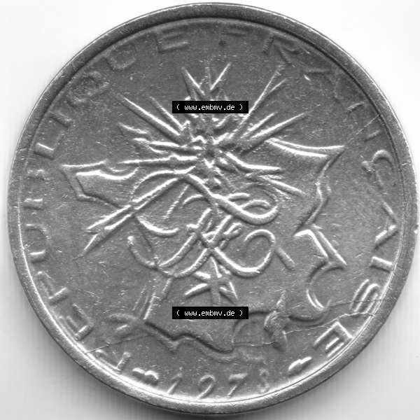 Grau bzw. s/w Münze Frankreich 1973, 10 Francs. Vorderseite der alten französischen Umlaufmünze aus Frankreich in der Francs-Währung zum katalogisieren und verwalten im Münzen-Katalog... Sammlung Graustufen