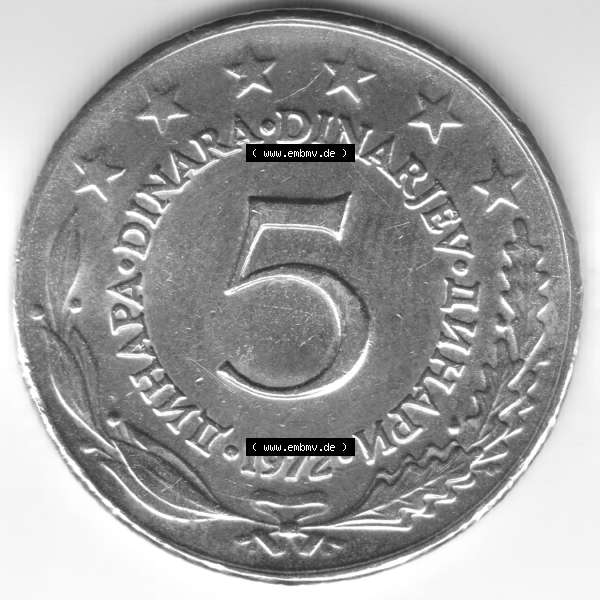Grau bzw. s/w Münzen Jugoslawien Umlaufmünze 197, Bild mit Rückseite der Münze zum Download, 5 Dinara, Dinarjev, Bild mit Vorderseite der Münze zum Download Sammlung Graustufen