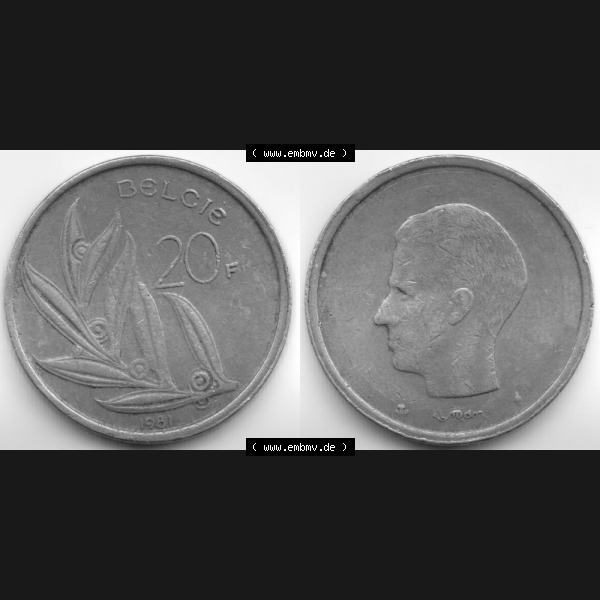 Grau bzw. s/w Münzen Belgien Umlaufmünze 1981. Vorderseite und Rückseite horizontal auf einen digitalen Bild der alten belgischen Francs Umlaufmünze aus Belgien vor Einführung der Euromünzen... Sammlung Graustufen