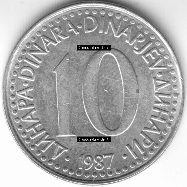 Grau bzw. s/w Münzen Jugoslawien Umlaufmünze 1987, 10 Dinara, Dinarjev, Bild mit Vorderseite der Münze als Bildmaterial Sammlung Graustufen