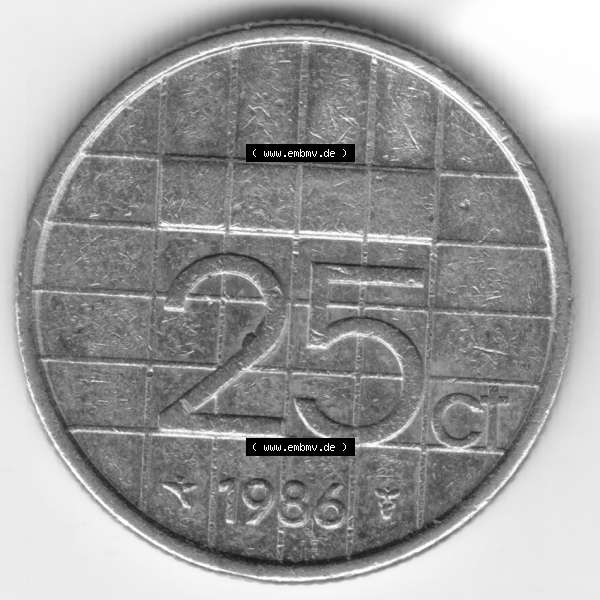 Grau bzw. s/w Münzen Niederlande Umlaufmünze 1986, 25 Cent, Bild mit Rückseite der Münze als Bildmaterial Sammlung Graustufen