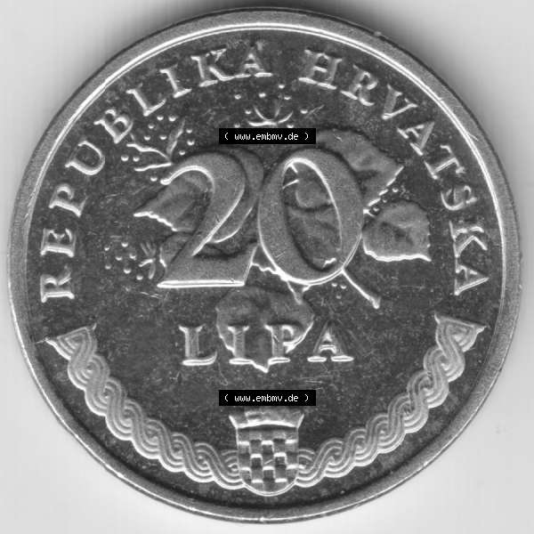 Grau bzw. s/w Münzen Kroatien Umlaufmünze 2011, 20 Lipa Hrvatska, Bild mit Rückseite der Münze als Bildmaterial Sammlung Graustufen