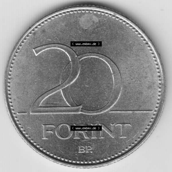 Grau bzw. s/w Münzen Ungarn Umlaufmünze 2008, 20 Forint. Rückseite der Münze aus Ungarn als Bildmaterial für Sammler und Münzen-Webseiten hier im online Katalog und Datenbank... Sammlung Graustufen
