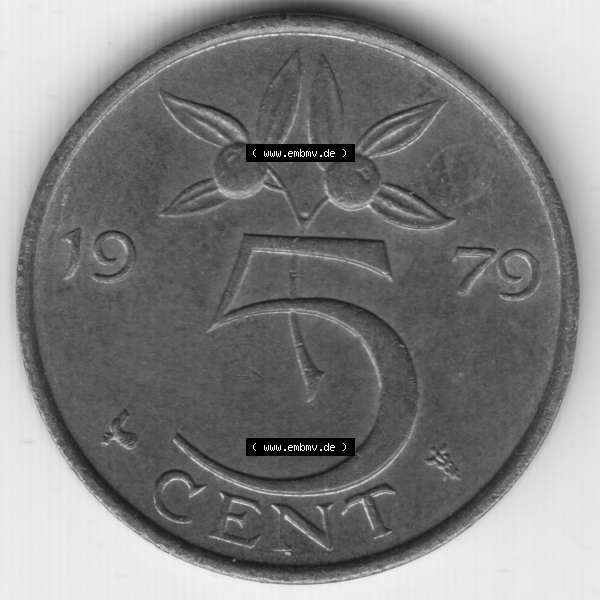 Grau bzw. s/w Münzen Niederlande Umlaufmünze 1979, 5 Cent, Bild mit Vorderseite der Münze als Bildmaterial Sammlung Graustufen