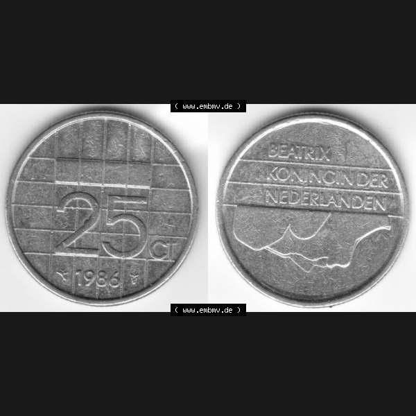 Grau bzw. s/w Münzen Niederlande Umlaufmünze 1986, 25 Cent, Bild mit horizontaler Vollansicht als Bildmaterial Sammlung Graustufen