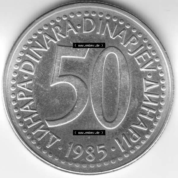 Grau bzw. s/w Münzen Jugoslawien Umlaufmünze 1985, 50 Dinara, Dinarjev, Bild mit Vorderseite der Münze als Bildmaterial Sammlung Graustufen