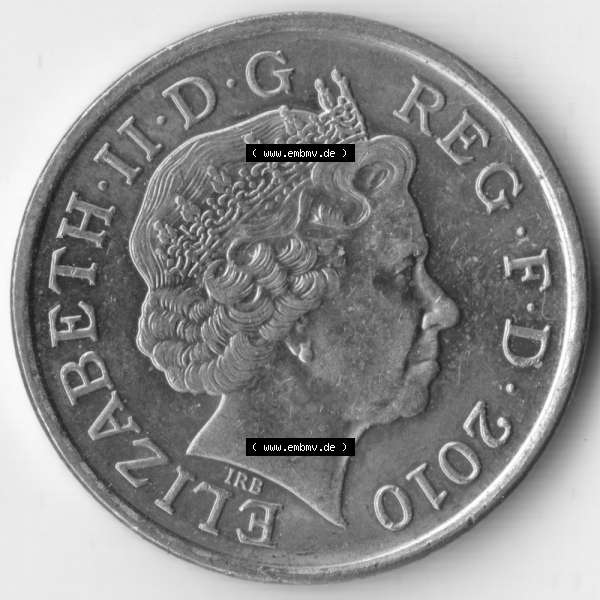 Grau bzw. s/w Münzen Großbritannien Umlaufmünze 2010, 1 Penny. Rückseite der alten britischen Münze aus Großbritannien zum katalogisieren und verwalten im Münzen-Katalog... Sammlung Graustufen
