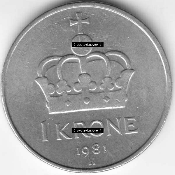 Grau bzw. s/w Münzen Norwegen Umlaufmünze 1974-1991, 1 Krone, Kronen 1981, Bild mit Vorderseite der Münze aus Norwegen als Bildmaterial, für dich selbst Sammlung Graustufen