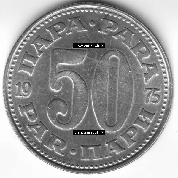 Grau bzw. s/w Münzen Jugoslawien Umlaufmünze 1975, 50 Para, Par, Napa, Bild mit Vorderseite der Münze als Bildmaterial Sammlung Graustufen