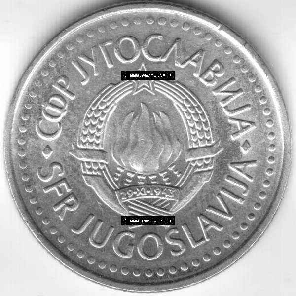 Grau bzw. s/w Münzen Jugoslawien Umlaufmünze 1987, 10 Dinara, Dinarjev, Bild mit Rückseite der Münze als Bildmaterial Sammlung Graustufen