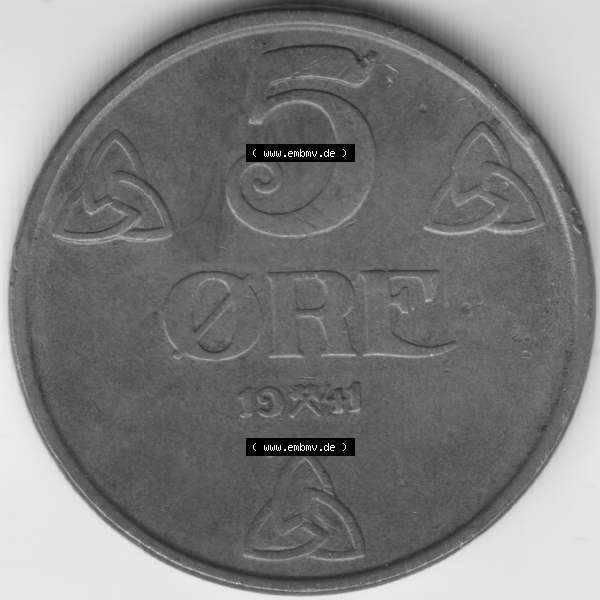 Grau bzw. s/w Münzen Norwegen Umlaufmünze 1941-1945 5 Öre 1941, Bild mit Vorderseite der Münze aus Norwegen als Bildmaterial, für dich selbst Sammlung Graustufen