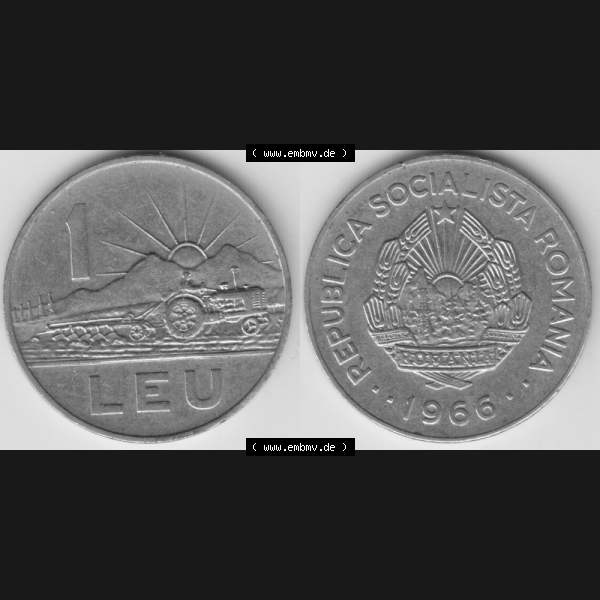 Grau bzw. s/w Münzen Rumänien Umlaufmünze 1966, 1 Leu, Bild mit horizontaler Vollansicht als Bildmaterial Sammlung Graustufen