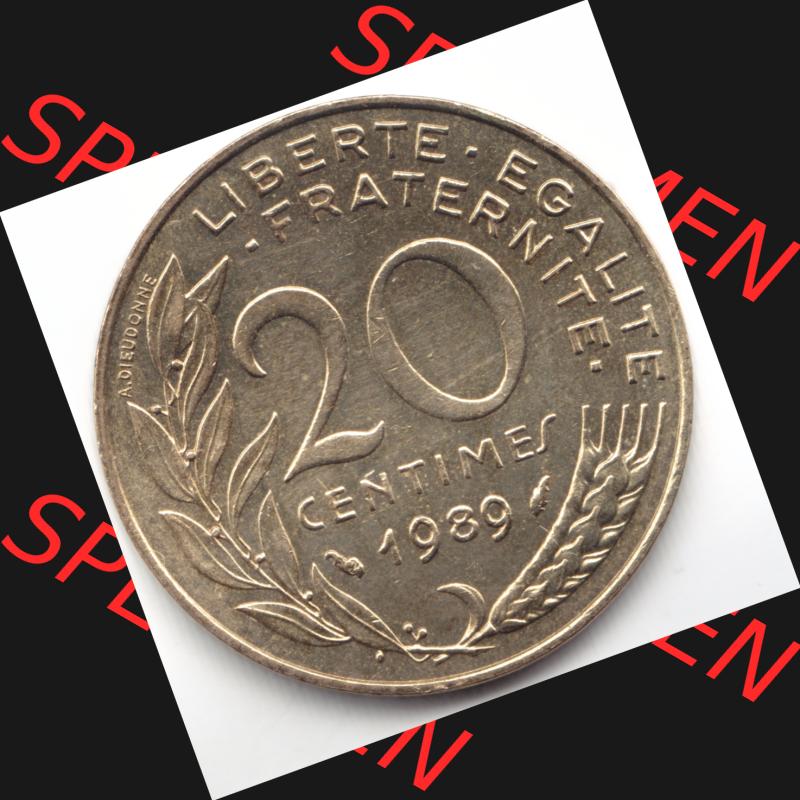 Münze Frankreich 1989, 20 Centimes. Vorderseite der alten französischen Umlaufmünze aus Frankreich in der Francs-Währung zum katalogisieren und verwalten im Münzen-Katalog... Sammlung