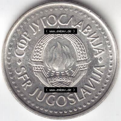 Münzen Jugoslawien Umlaufmünze 1987, 10 Dinara, Dinarjev, Bild mit Rückseite der Münze als Bildmaterial Sammlung