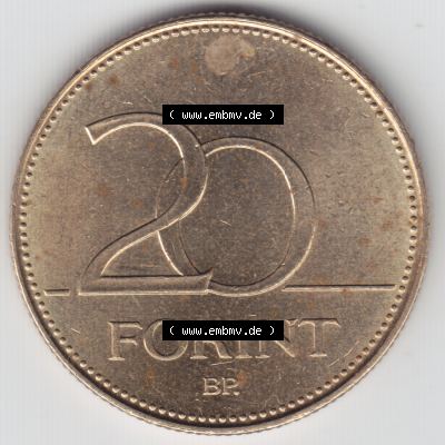 Münzen Ungarn Umlaufmünze 2008, 20 Forint. Rückseite der Münze aus Ungarn als Bildmaterial für Sammler und Münzen-Webseiten hier im online Katalog und Datenbank... Sammlung