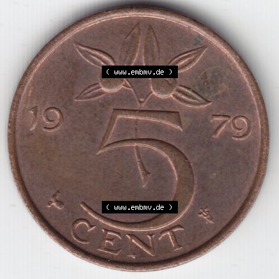 Münzen Niederlande Umlaufmünze 1979, 5 Cent, Bild mit Vorderseite der Münze als Bildmaterial Sammlung