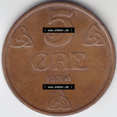 Münzen Norwegen Umlaufmünze 1941-1945 5 Öre 1941, Bild mit Vorderseite der Münze aus Norwegen als Bildmaterial, für dich selbst Sammlung