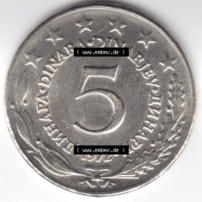 Münzen Jugoslawien Umlaufmünze 197, Bild mit Rückseite der Münze zum Download, 5 Dinara, Dinarjev, Bild mit Vorderseite der Münze zum Download Sammlung