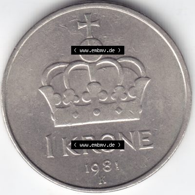 Münzen Norwegen Umlaufmünze 1974-1991, 1 Krone, Kronen 1981, Bild mit Vorderseite der Münze aus Norwegen als Bildmaterial, für dich selbst Sammlung