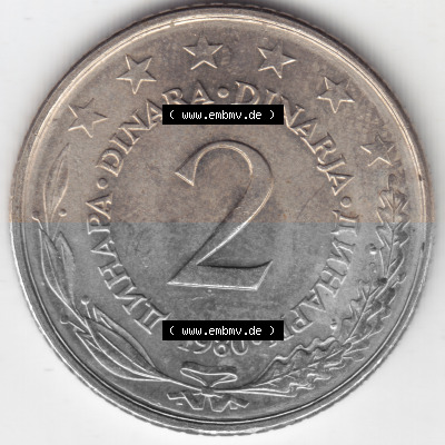 Münzen Jugoslawien Umlaufmünze 1971-1981, 2 Dinara, Dinarja 1980, Bild mit Rückseite der Münze zum Bildmaterial Dinara, Dinarja,... Sammlung