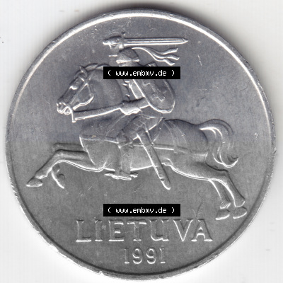 Münzen Litauen Umlaufmünze 1991, 5 Centai, Bild mit Rückseite der Münze als Bildmaterial Sammlung