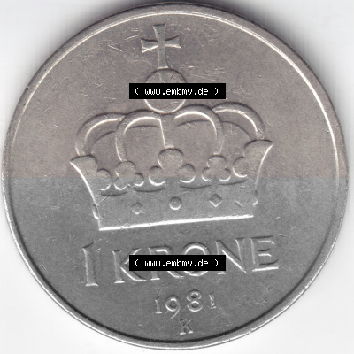 Münzen Norwegen Umlaufmünze 1974-1991, 1 Krone, Kronen 1981, Bild mit Vorderseite der Münze aus Norwegen als Bildmaterial,... Sammlung