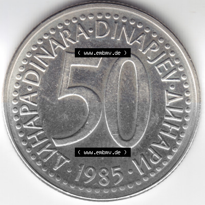 Münzen Jugoslawien Umlaufmünze 1985, 50 Dinara, Dinarjev, Bild mit Vorderseite der Münze als Bildmaterial Sammlung