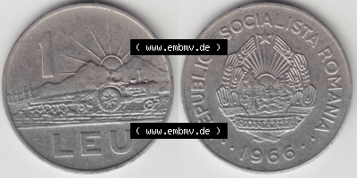 Münzen Rumänien Umlaufmünze 1966, 1 Leu, Bild mit horizontaler Vollansicht als Bildmaterial Sammlung