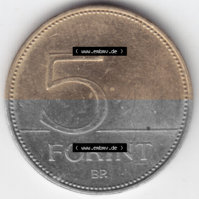 Münzen Ungarn Umlaufmünze 2006, 5 Forint. Rückseite der Münze aus Ungarn als Bildmaterial für Sammler und Münzen-Webseiten... Sammlung