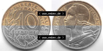Umlaufmünze 10 Cmes - Centimes - Cent aus Frankreich in der Francs-Währung Sammlung