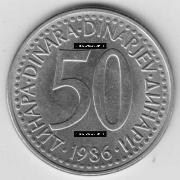 Grau bzw. s/w Münzen Jugoslawien Umlaufmünze 1985-1988, 50 Dinar 1986, Bild mit Rückseite der Münze als Bildmaterial Sammlung Graustufen