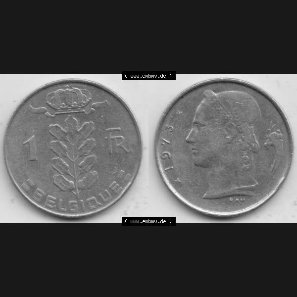 Grau bzw. s/w Münzen Belgien Umlaufmünze 1950-1988, 1 Francs-Franken 1973 Belgique. Vorderseite und Rückseite horizontal auf einen digitalen Bild der alten belgischen Francs Umlaufmünze... Sammlung Graustufen