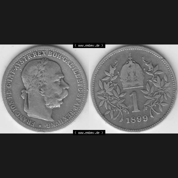 Grau bzw. s/w Münzen Österreich Umlaufmünze 1892-1907, 1 Krone Franz Joseph I. 1899, Münze aus Österreich mit Münzseiten Horizontal / Nebeneinander auf einen Bild... Sammlung Graustufen