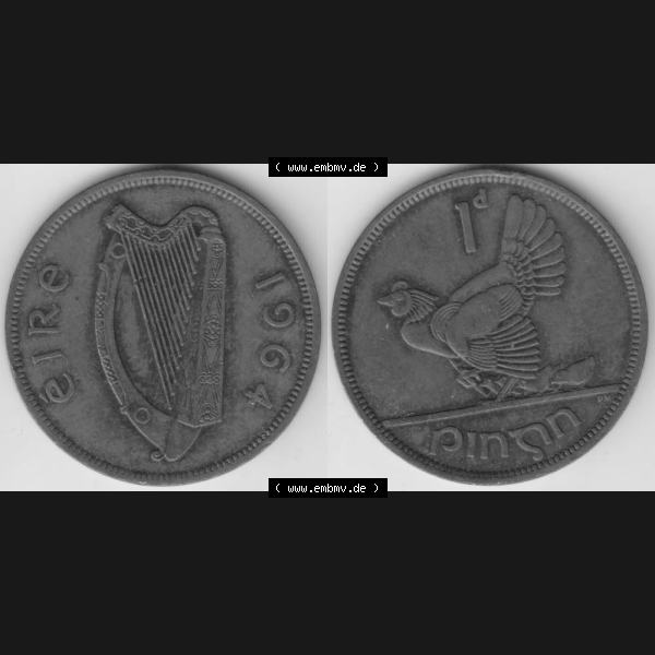 Grau bzw. s/w Münzen Irland Umlaufmünze 1940-1968, 1 Penny 1964. Vorderseite und Rückseite horizontal auf einen digitalen Bild der alten irischen Umlaufmünze aus Irland in Irische Pfund-Währung... Sammlung Graustufen