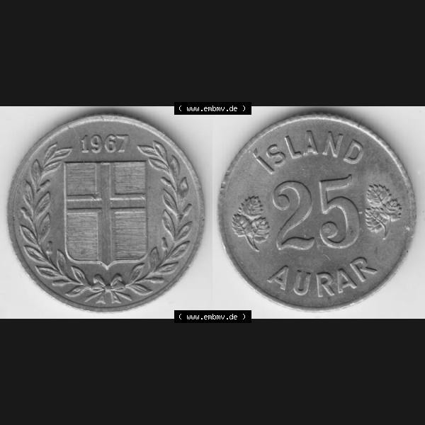 Grau bzw. s/w Münzen Island Umlaufmünze 1946-1967, 25 Aurar 1967. Vorderseite und Rückseite horizontal auf einen digitalen Bild der alten Isländischen Umlaufmünze aus Island in... Sammlung Graustufen