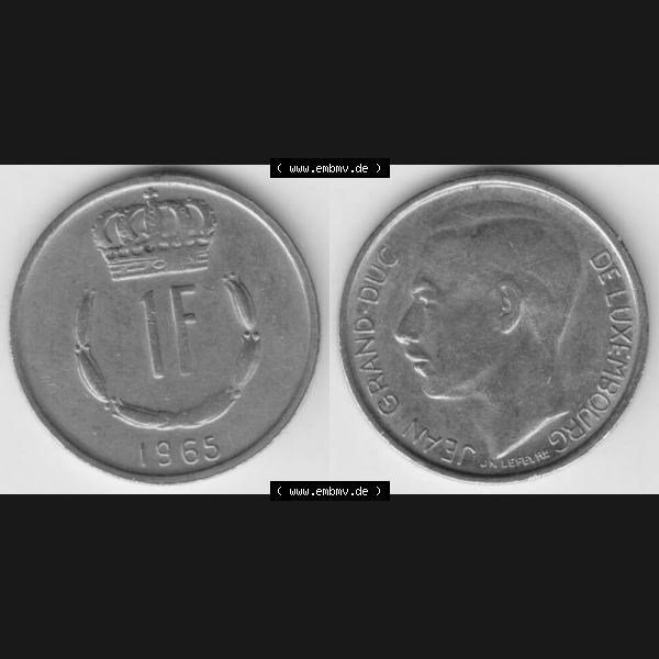 Grau bzw. s/w Münzen Luxemburg Umlaufmünze 1965-1984, 1 F, Franc, Franken 1965, Bild mit Vollansicht Sammlung Graustufen