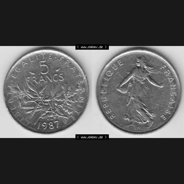 Grau bzw. s/w Münze Frankreich 1970-2001, 5 Francs 1985 Liberte Egalite Fraternite. Vorderseite und Rückseite horizontal auf einen digitalen Bild der alten französischen Umlaufmünze... Sammlung Graustufen