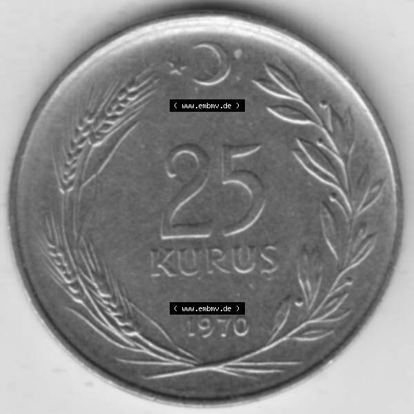 Grau bzw. s/w Münzen Türkei Umlaufmünze 1967-1978, 25 Kurus 1970. Rückseite der Münze der Türkei als Bildmaterial für Sammler und Münzen-Webseiten hier im online... Sammlung Graustufen