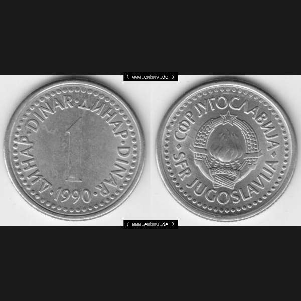 Grau bzw. s/w Münzen Jugoslawien Umlaufmünze 1990-1991, 1 Dinara 1990, Bild mit Vollansicht als Bildmaterial Sammlung Graustufen