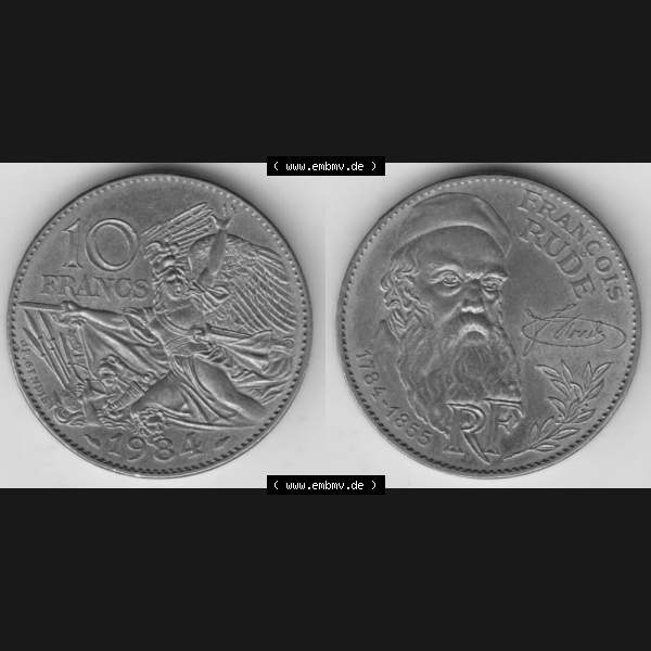 Grau bzw. s/w Münze Frankreich 1984-1984, 10 Francs Francois Rude. Vorderseite und Rückseite horizontal auf einen digitalen Bild der alten französischen Umlaufmünze aus Frankreich in... Sammlung Graustufen