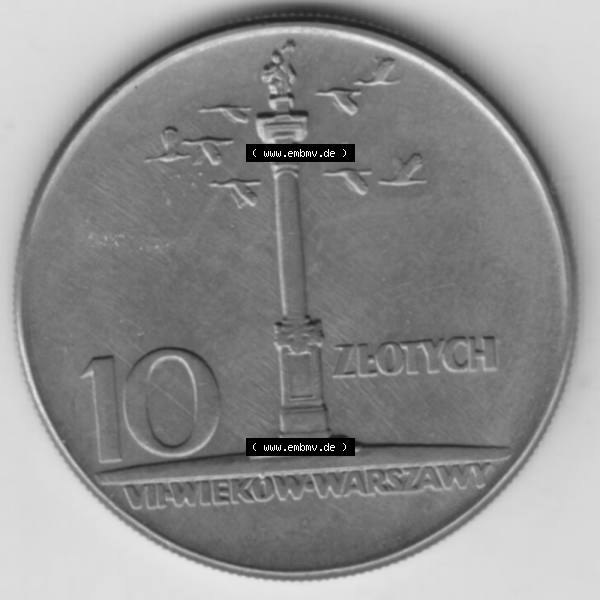 Grau bzw. s/w Münzen Polen Gedenkmünze 1965-1965, 10 Zloty 700 Jahre Warschau, Sigismundssäule (1) Sammlung Graustufen