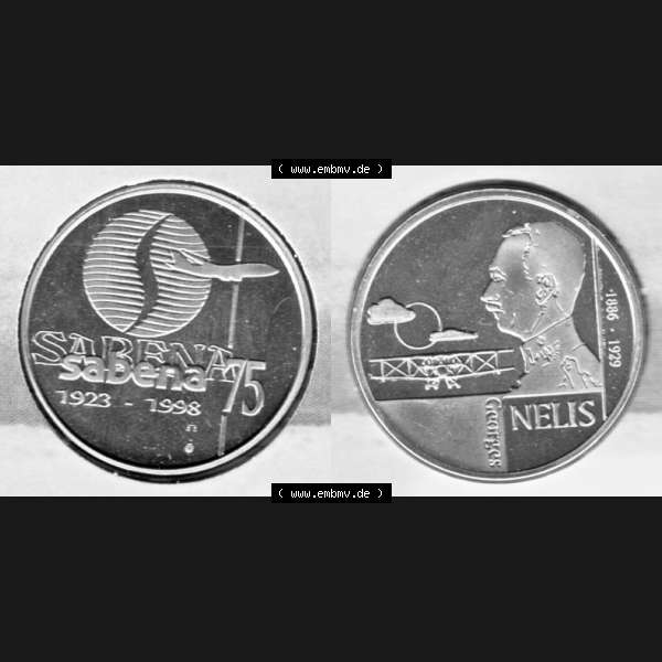 Grau bzw. s/w Münzen Belgien Umlaufmünze 1998, Medaille Sabena 75, 1923-1998. Vorderseite und Rückseite horizontal auf einen digitalen Bild der alten belgischen Francs Umlaufmünze... Sammlung Graustufen