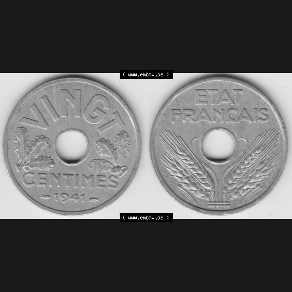 Grau bzw. s/w Münze Frankreich 1941-1941, VINGT 20 Centimes, Cent. Vorderseite und Rückseite horizontal auf einen digitalen Bild der alten französischen Umlaufmünze aus Frankreich... Sammlung Graustufen