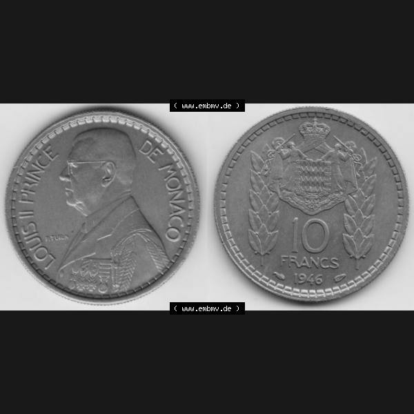 Grau bzw. s/w Münzen Monaco Umlaufmünze 1946-1946, 10 Fr, Francs, Franken, Louis II Prince de Monaco (3) Sammlung Graustufen